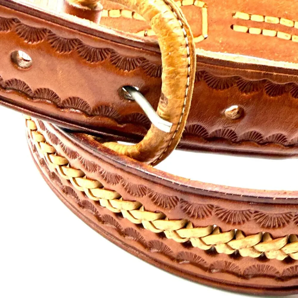 Vintage 70s Western Genuine Leather Artisan Tooled Whipstitch Unisex Waist Belt